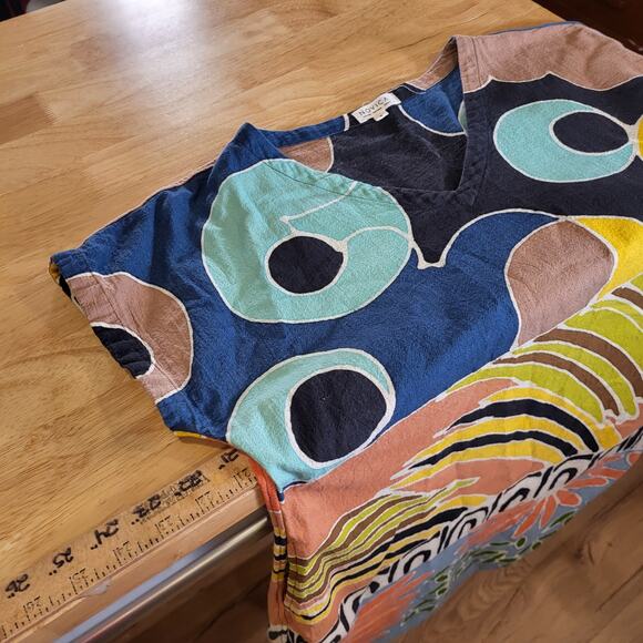 Novica Colorful Cotton Abstract Short Sleeve Midi Dress Pockets 35" L 21"P2P - Picture 9 of 11